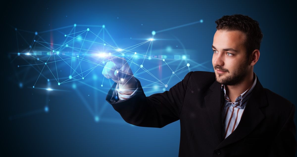 Man touching hologram screen displaying modern web system